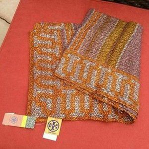 TORY BURCH Baja Square Stripe SCARF, Brown, Orange